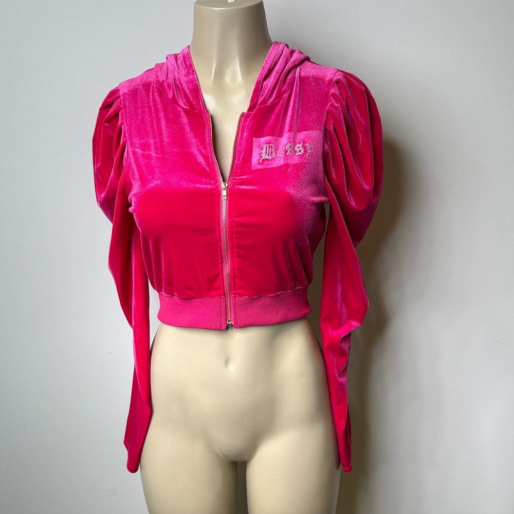 AKIRA Hot Pink Velvet Cropped Hoodie Jacket